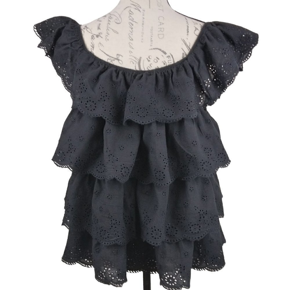 Andree |  Eyelet Ruffle Top Sleeveless Peasant Black Boho | Size L - Picture 3 of 5